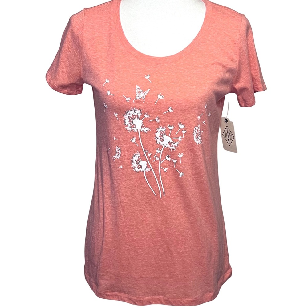 St Johns Bay Womens Coral Dandelion Butterfly Graphic T-Shirt Scoop Neck XS NEW